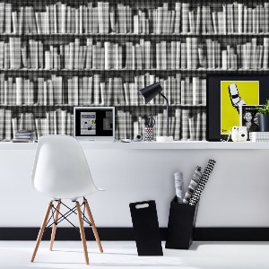 Black and white halftone bookshelves wallpaper
